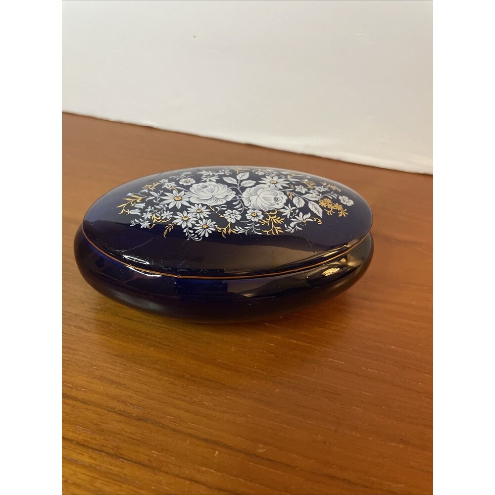 VTG Peint a la Main Paris Cobalt Blue  Trinket Box W/ Lid Floral Gold 4.5“ x 2.5